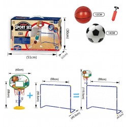 Arco de fútbol y tablero de basket, con pelotas e inflador